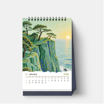 2026年桌曆設計模板：清新自然插畫風，綠藍黃配色 