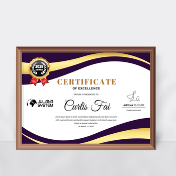 深紫金白高級正式證書模板，波浪條紋不對稱設計 