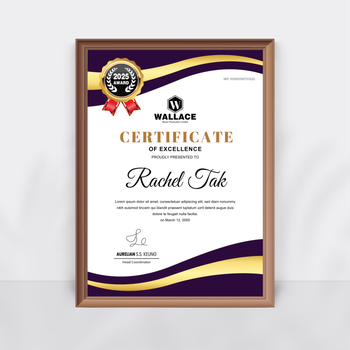 白色底色獎狀模板，深紫金紋飾，排版精美具榮譽感 