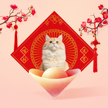 中國傳統節慶風格，紅金配色，招財貓圖案模板 