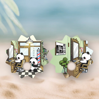 卡通風格熊貓主角理髮店設計，復古溫馨場景 