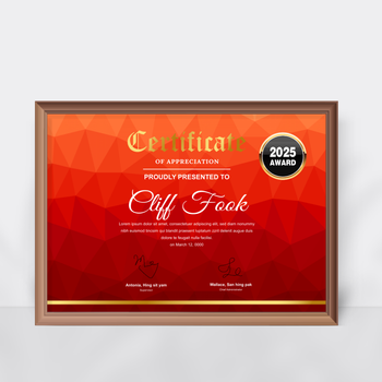 紅色漸變低聚風格獎狀模板，多字體排版與徽章元素 
